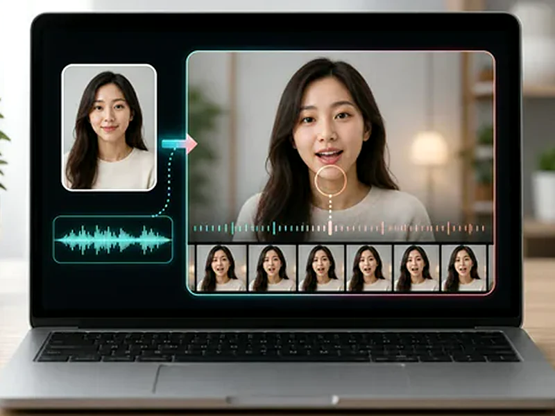 AI 對嘴預覽，包含肖像、波形與影片畫格