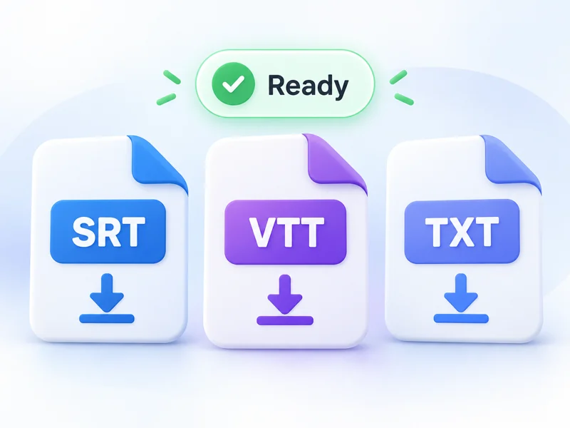 字幕匯出面板，提供 SRT、VTT 與 TXT 格式