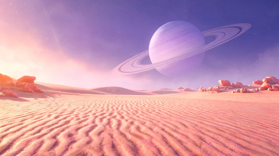 產生的參考圖片 2：環狀行星下的粉紅色外星沙丘