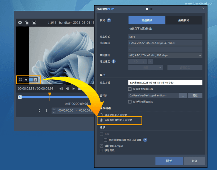 僅儲存所選的影片與音軌