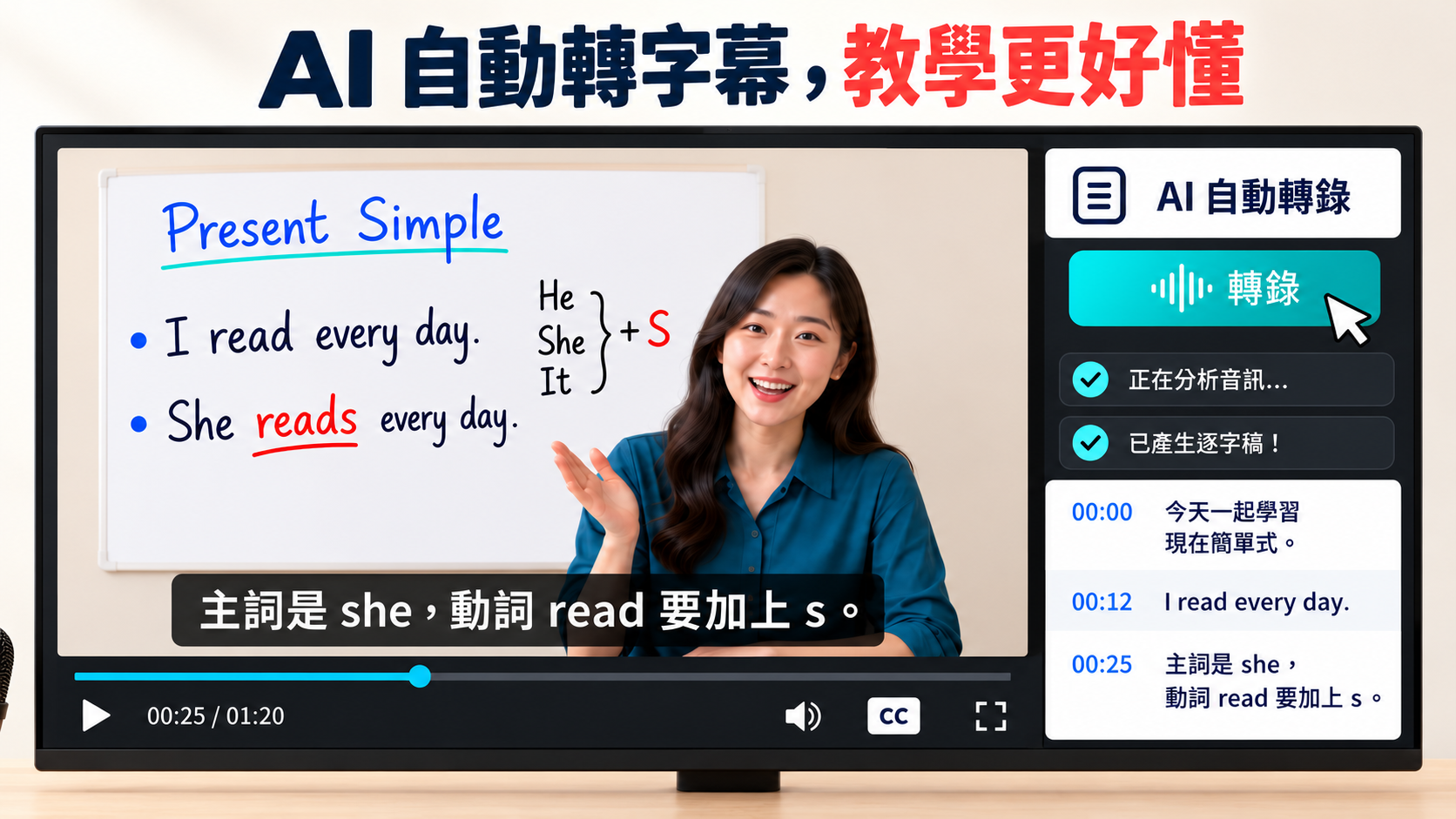 Bandicam 自動分析教學影片音訊，轉錄逐字稿並產生字幕