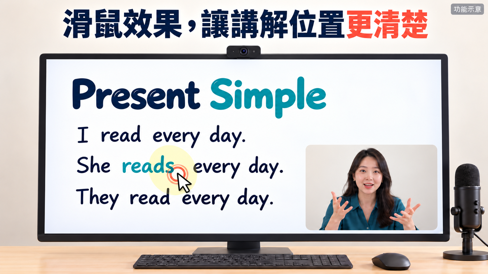 滑鼠效果示意：醒目光圈與點擊波紋提示教材上的講解位置