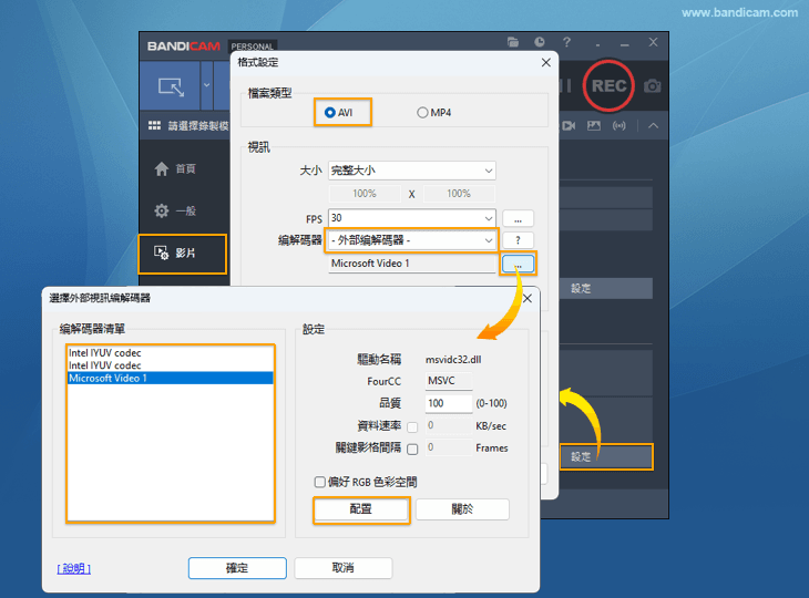 bandicam、vfw、external codec for recording