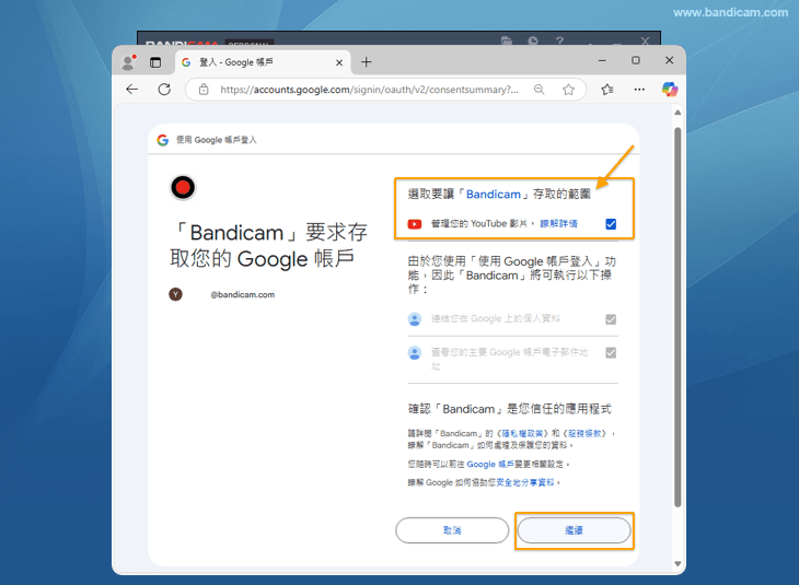 YouTube 存取權限請求視窗