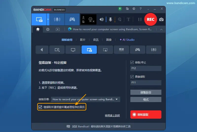 選定視窗後，勾選僅擷取所選視窗所屬處理程序的音訊