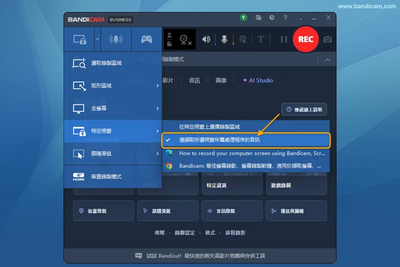 在特定視窗下拉選單勾選僅擷取所選視窗所屬處理程序的音訊，並選擇錄製視窗