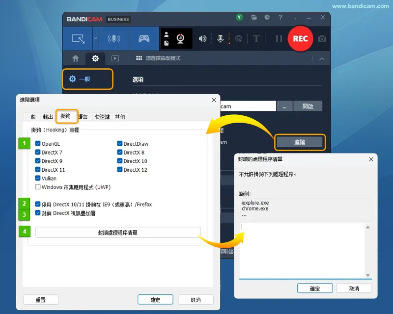 Bandicam 進階選項 - 掛鉤
