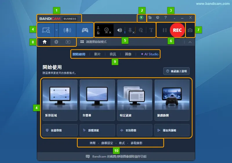 Bandicam 主視窗各區域介紹 Bandicam 主視窗,標示產品資訊、使用者頭像、視窗控制、錄製模式等 10 個功能區域