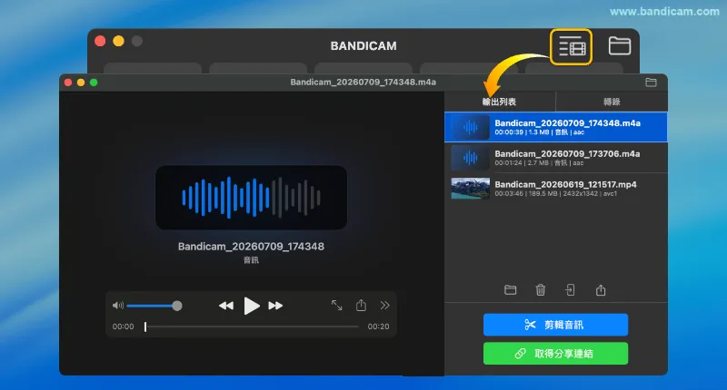 Bandicam錄製檔案輸出清單