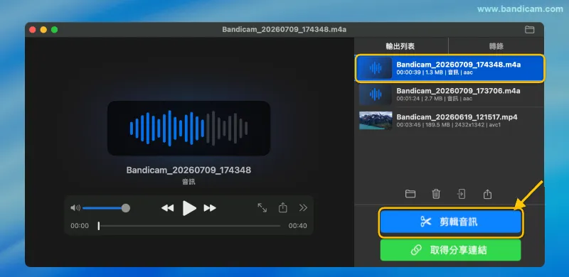 Bandicam 裁剪音訊按鈕介面