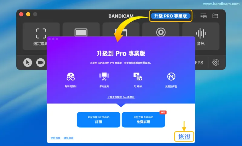 恢復Bandicam訂閱